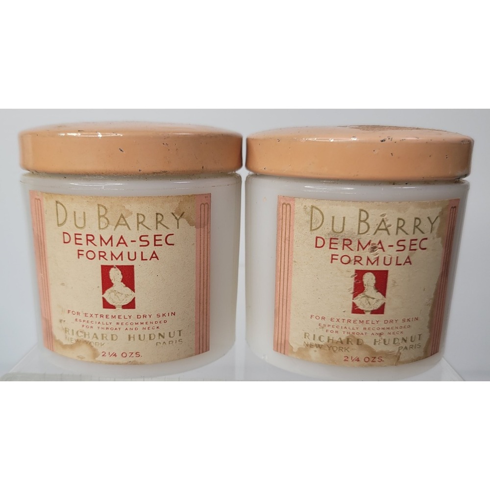Pair of Vintage DuBarry Face Cream Jar Milk Glass Richard Hudnut Empty Bottles